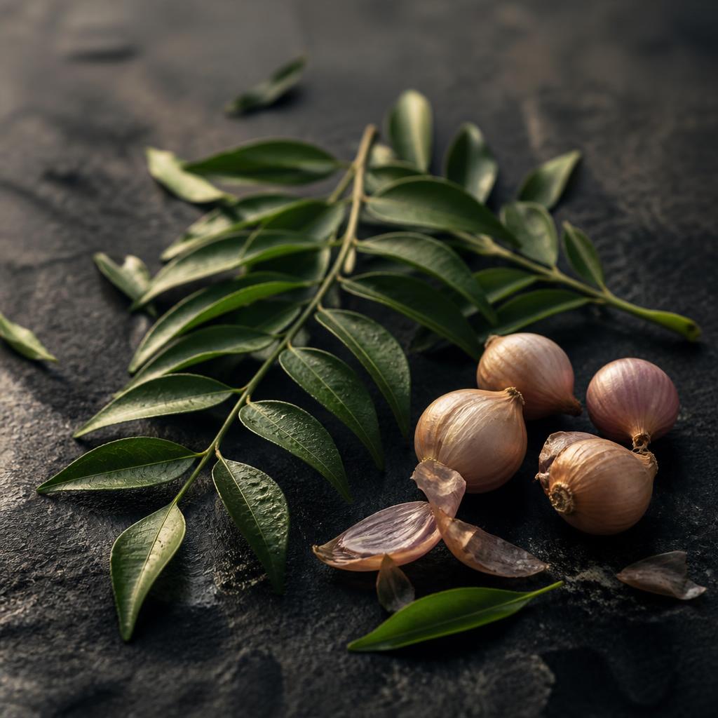 Curry Leaf & Shallot (Murraya koenigii · Allium cepa) botanical macro photograph
